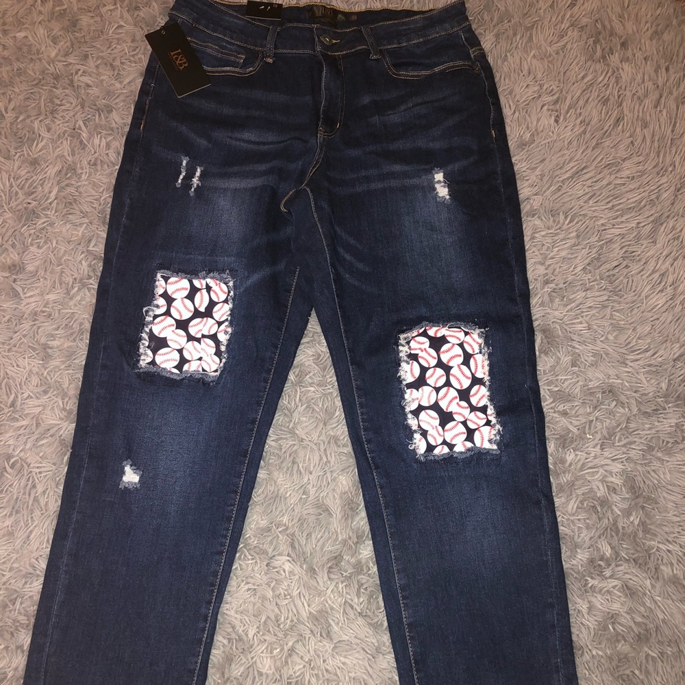 Lucky and Blessed baseball patch jeans